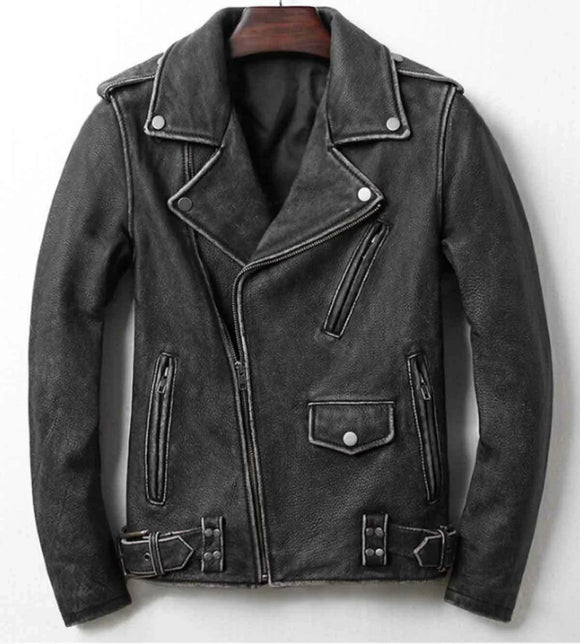Mens Vintage Distressed Gray Cafe Racer Leather Motorcycle Biker SOA Style Concealed Carry Jacket