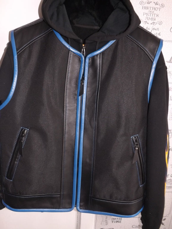 Men's Leather And Textile Fabric Motorcycle Concealed Carry Biker Vest W/ Blue Leather Trim