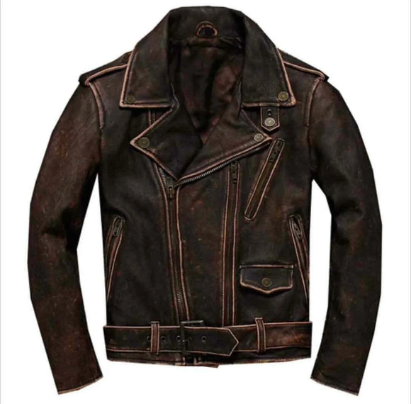 Mens Distressed Brown Cowhide Leather Biker Motorcycle Jacket Concealed Carry
