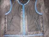 Men's Leather And Textile Fabric Motorcycle Concealed Carry Biker Vest W/ Blue Leather Trim