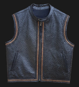 Mens Ostrich Embossed Braided Leather Motorcycle Concealed Carry Vest