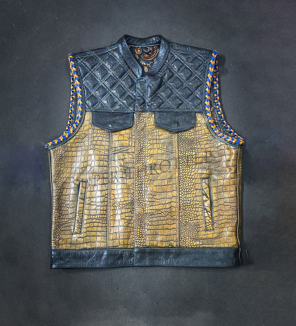 Hunt Club Mens Gator Brown Diamond Stitched Braided Leather Paisley Motorcycle Concealed Carry Biker Vest