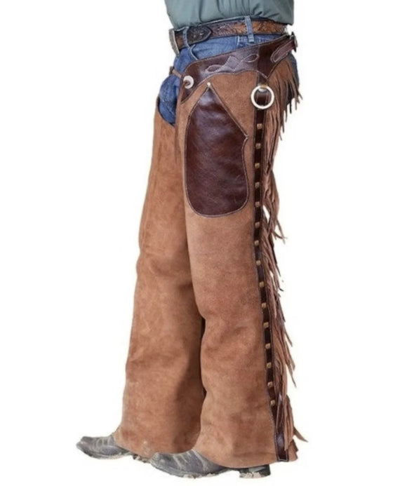 Handmade Fringe Men's Cowboy Tan Suede Leather Western Cowboy Leather Chaps