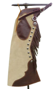 Men's Traditonal Horse Riding Fringed Western Cowboy Tan Suede Leather Chaps With Beads