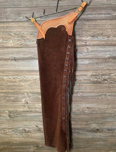 Men's Native American Horse Riding Western Cowboy Brown Suede Leather Chaps With Fringes And Beads