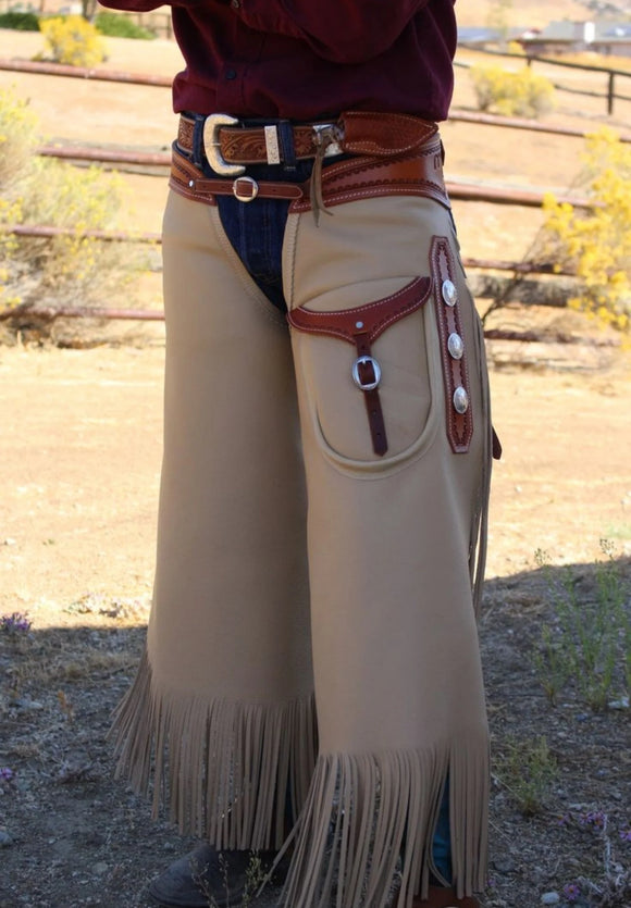 Handmade Men Fringe Concho Style Cowboy Brown Suede Western Cowboy Leather Chaps