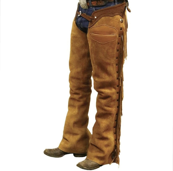 Chaps de travail en cuir de vachette à poils longs | Jambières d'équitation cowboy faites main Chaps de travail en cuir de vachette à poils longs | Jambières d'équitation cowboy faites main