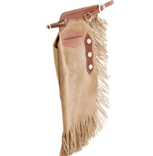 Handmade Fringe Men's Cowboy Tan Suede Leather Western Cowboy Leather Chaps