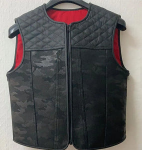 Hunt Club Style Diamond Quilted Black Camo Leather Vest Motorcycle Concealed Carry