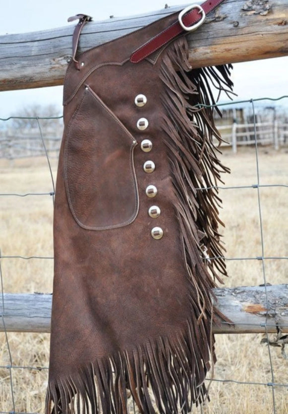 Handmade Horse Riding Fringe Men's Native American Western Cowboy Chocolate Brown Leather Chaps