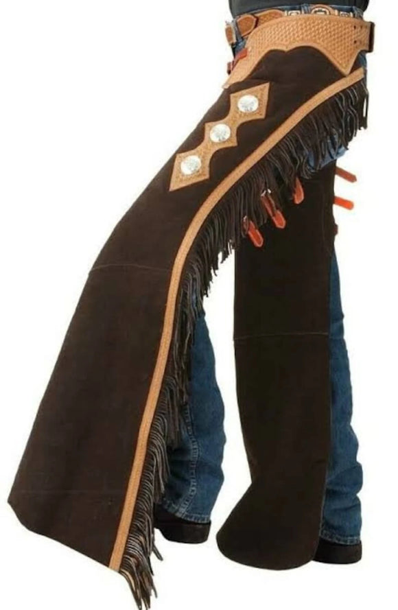 Handmade Fringe Men's Cowboy Buck Skin Suede Leather Western Cowboy Chaps