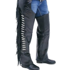 Handmade Horse Riding Fringe Men's Native American Western Cowboy Black Leather Chaps