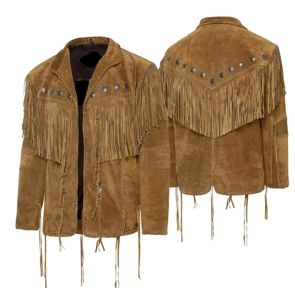 Men's Native American Horse Riding Wear Traditional Western Cowboy Leather Jacket With Fringes And Beads