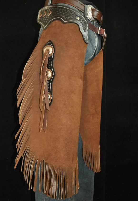 Handmade Men Fringe Concho Style Cowboy Tan Suede Western Cowboy Leather Chaps