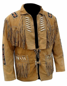 Men's Native American Horse Riding Wear Traditional Western Cowboy Leather Jacket With Fringes And Beads