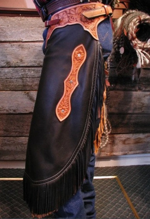 Men's Hand Crafted Tooled Yoke Native American Suede Western Cowboy Leather Chaps