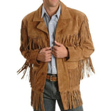 Men's Traditional Horse Riding Braided Western Cowboy Brown Fringe Suede Leather Jacket