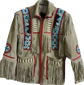 Men's Native American Braided Western Cowboy Beige Fringe Suede Leather Jacket