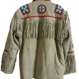 Men's Native American Braided Western Cowboy Beige Fringe Suede Leather Jacket