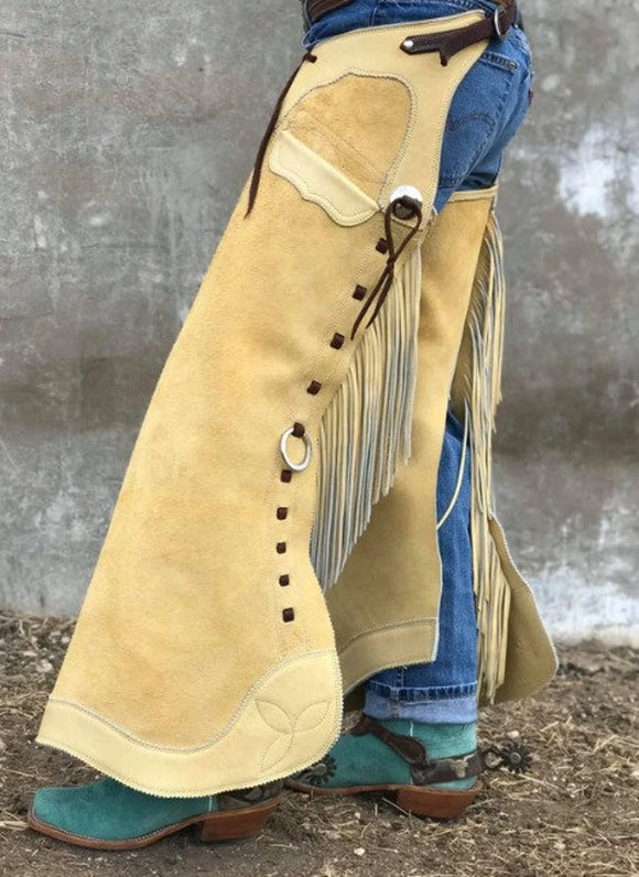 Handmade Men Fringe Cowboy Biege Suede Western Cowboy Leather Chaps