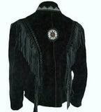 Men's Native American Braided Western Cowboy Black Fringe Suede Leather Jacket