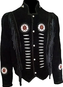 Men's Native American Braided Western Cowboy Black Fringe Suede Leather Jacket