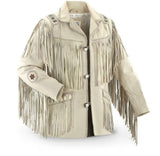 Men's Traditional Western Cowboy White Leather Jacket With Fringes And Beads