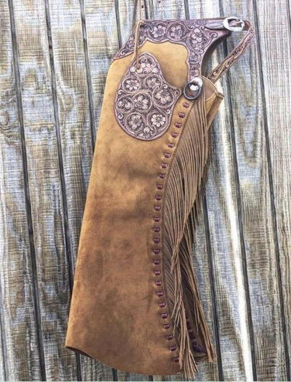 Handmade Men Tooled Yoke Chap Native American Cowboy Leather Pants Men Suede Western Cowboy Leather Chaps