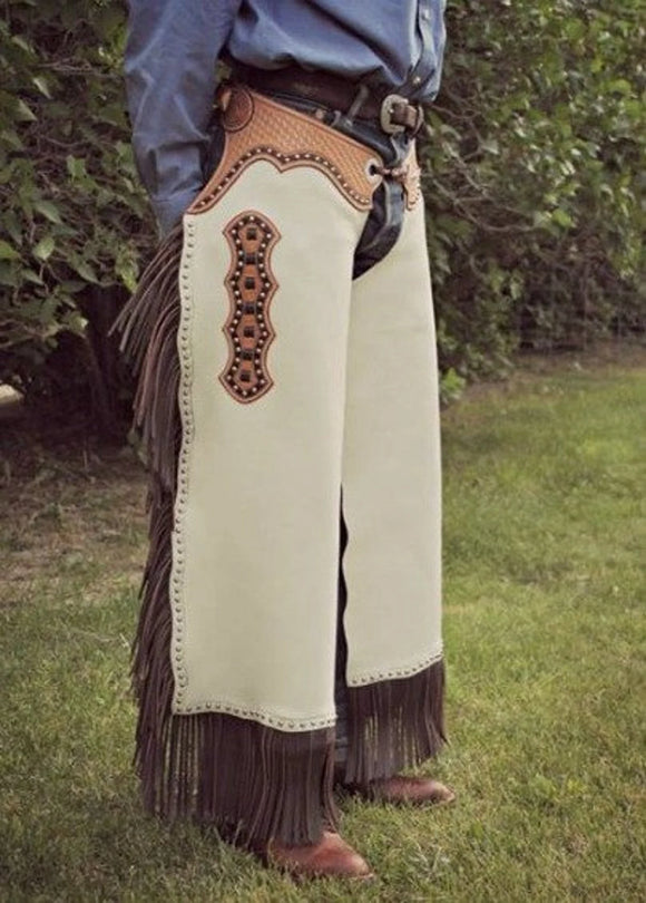 Men's Native American Horse Riding Western Cowboy Brown Suede Leather Chaps With Fringes And Beads