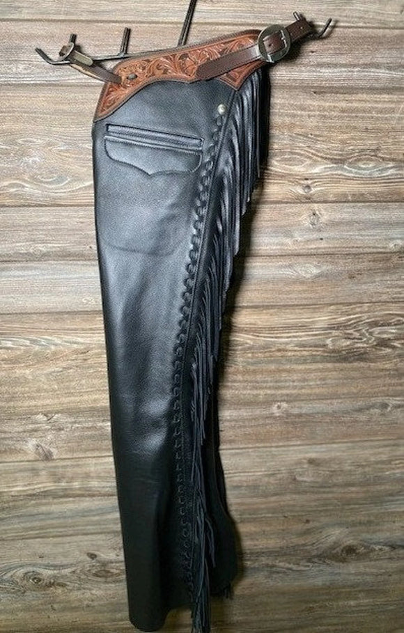 Handmade Horse Riding Fringe Men's Native American Western Cowboy Braided Black Leather Chaps