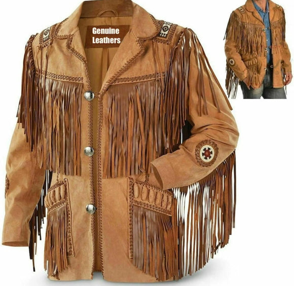 Men's Native American Braided Horse Riding Wear Traditional Western Cowboy Brown Suede Leather Jacket With Fringes And Beads