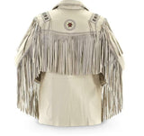 Men's Traditional Western Cowboy White Leather Jacket With Fringes And Beads