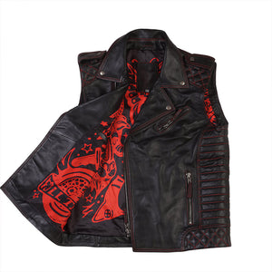 Men's Real Lambskin Classic Sleeveless Leather Vest Fully Quilted with Red Thread Biker Concealed Carry Motorcycle Vest