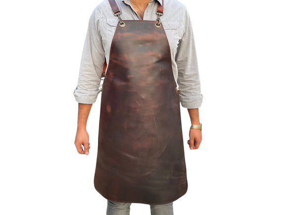 Mens Premium Full Grain Distressed Brown Leather Apron With No Pockets