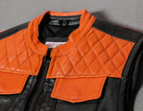 Men's Orange Diamond Stitched Black Leather Motorcycle Concealed Carry Biker Vest