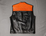 Men's Orange Diamond Stitched Black Leather Motorcycle Concealed Carry Biker Vest