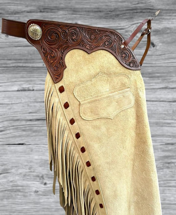 Handmade Men Tooled Yoke Chap Native American Cowboy Leather Pants Men Suede Western Cowboy Leather Chaps