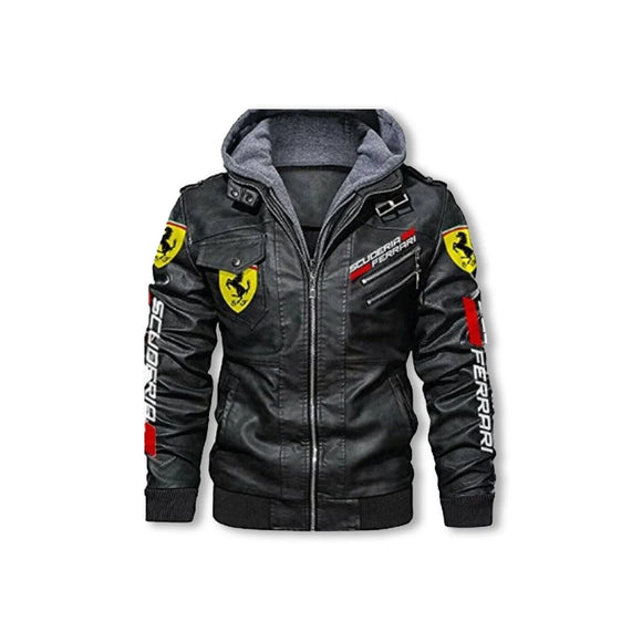 Ferrari Men's Motorcycle Hooded Leather Biker Jacket Concealed Carry