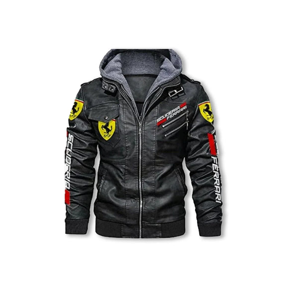 Ferrari Men s Motorcycle Hooded Leather Biker Jacket Concealed