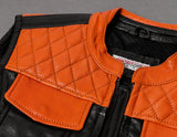 Men's Orange Diamond Stitched Black Leather Motorcycle Concealed Carry Biker Vest