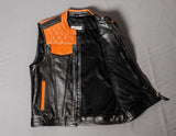 Men's Orange Diamond Stitched Black Leather Motorcycle Concealed Carry Biker Vest