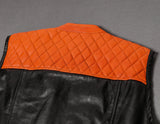 Men's Orange Diamond Stitched Black Leather Motorcycle Concealed Carry Biker Vest