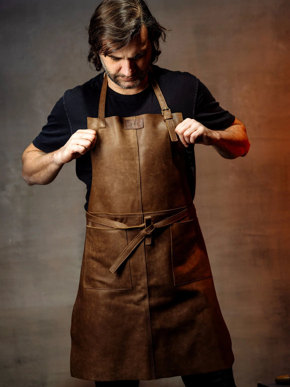 Mens Premium Full Grain Leather Apron With Pockets