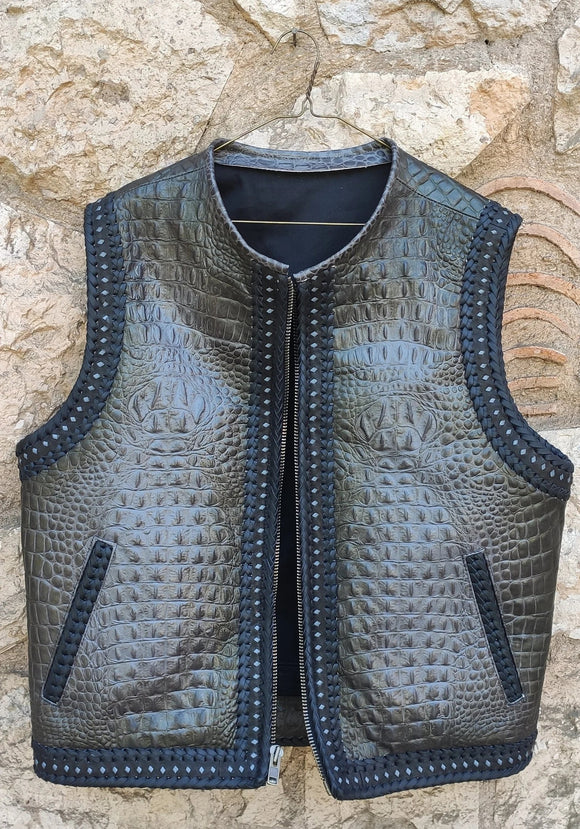 Gray Gator Embossed Leather Biker Vest Men's Motorcycle Concealed Carry Vest