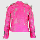 Women's Silver Studded Steam Punk Pink Leather Biker Concealed Carry Jacket