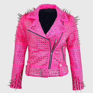 Women's Silver Studded Steam Punk Pink Leather Biker Concealed Carry Jacket