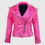 Women's Silver Studded Steam Punk Pink Leather Biker Concealed Carry Jacket