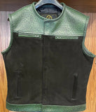 Mens Green Waxed Crocodile and Snake Embossed Leather W/ Denim Motorcycle Biker Concealed Carry Vest