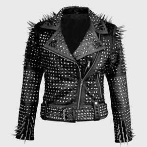 Women's Silver Studded Steampunk Black Leather Biker Concealed Carry Jacket