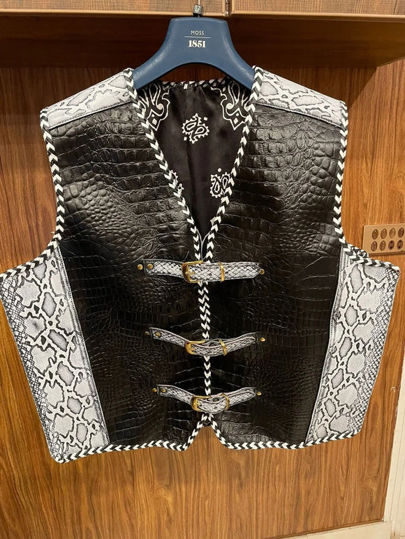 Mens Braided Crocodile and Snake Embossed Leather Paisley Motorcycle Biker Concealed Carry Vest